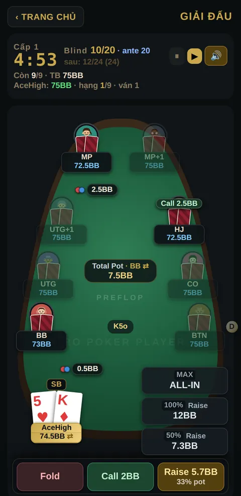 Bàn giải đấu 9 người với bot trong Pro Poker Player